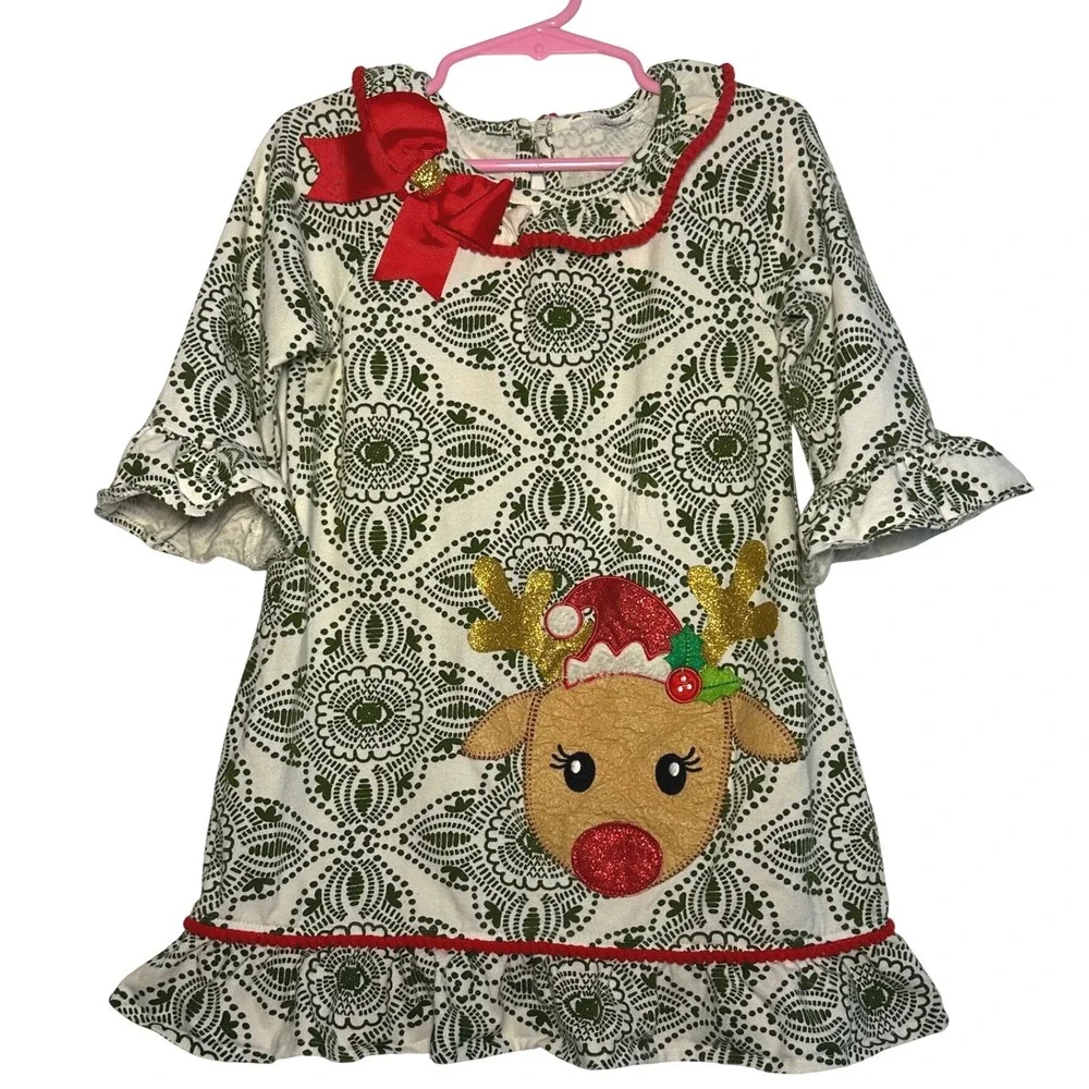 Reindeer Christmas Dress Ruffle Sleeve Holiday Festive‎ Green White child 3/4